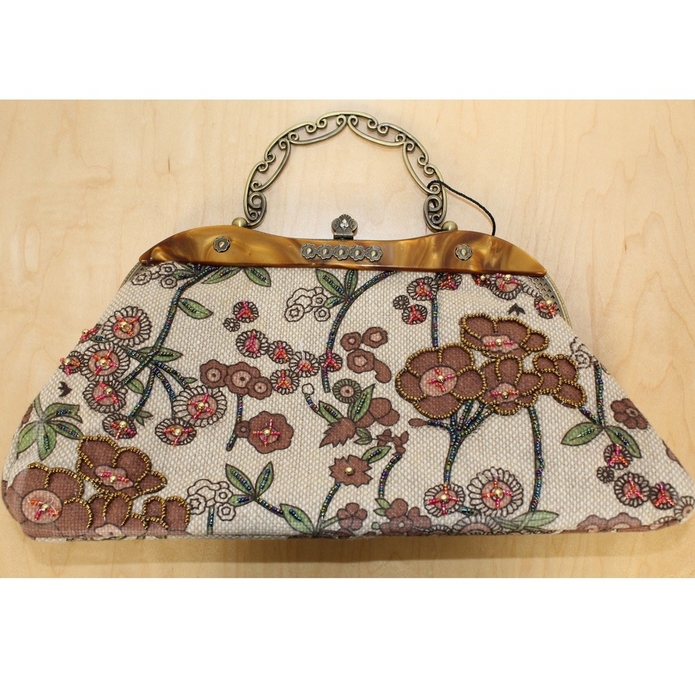 Vintage Tapestry Beaded Handbag Detachable Shoulder Strap Tortoise/Metal Closure